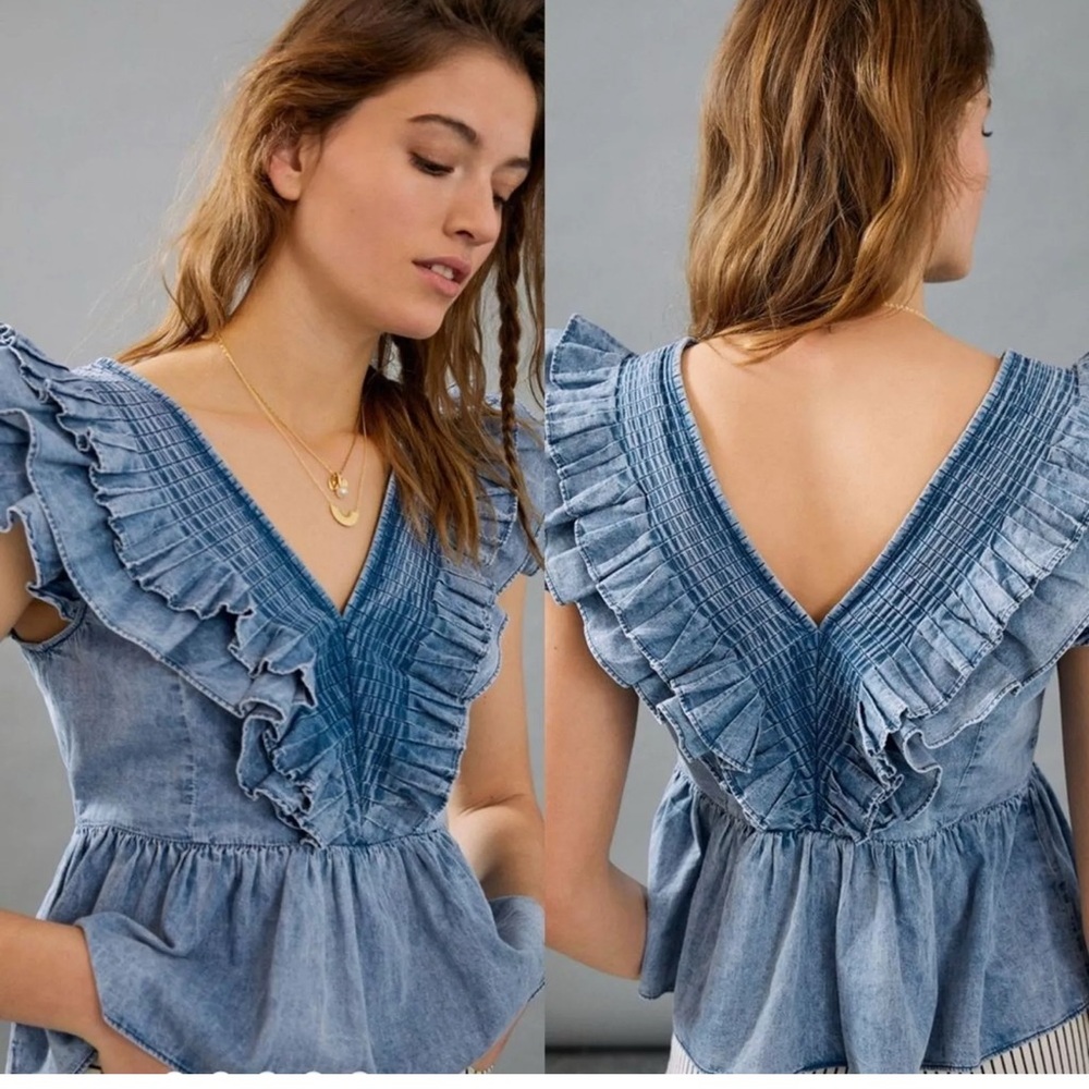 Anthropologie x Mare Mare Ruffled Chambray Denim Blouse Size Small Top Peplum